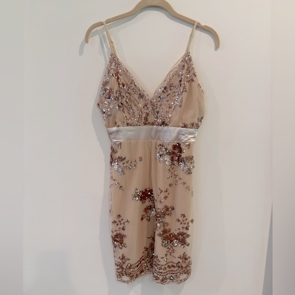 Elegant Sequin Embellished Dress - Cream and Brown
